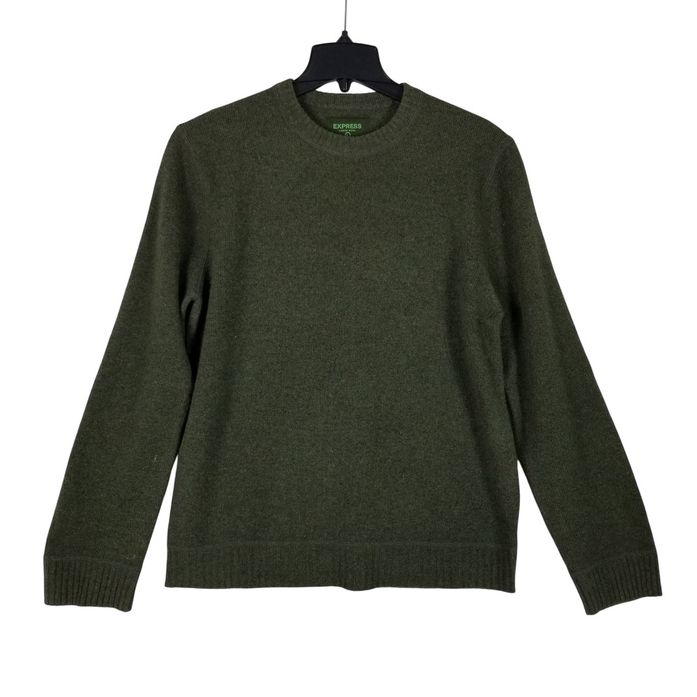 Express Sweater Mens Large Green 100% Lambswool Crew Neck Pullover Heathered